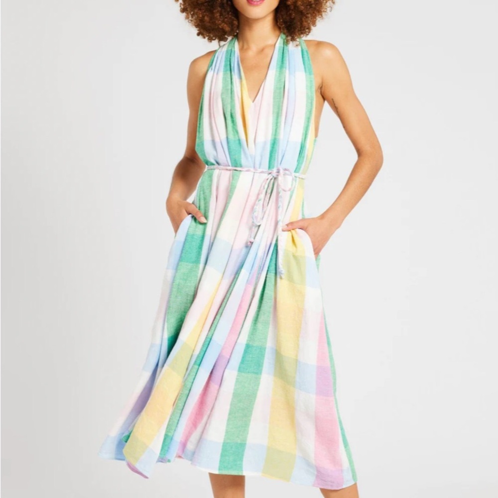 NWT $309 Mille Yellow and Green Sleeveless Sundress with Halter Neckline